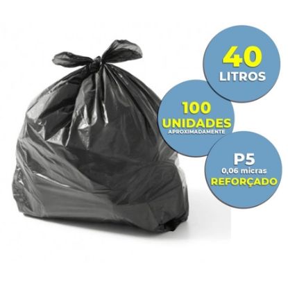 Imagem de SACO PLASTICO DE LIXO 40L PRETO P5 6 MICRAS RESISTENTE E ELASTICO PACOTE C/ 100 UN 2,0 KG