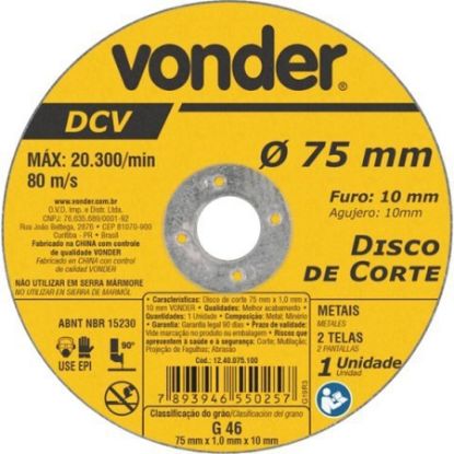 Imagem de DISCO DE CORTE   3" 75 X 1,0 X 10MM P/ CORTE DE METAL C/ 2 TELAS LINHA DCV