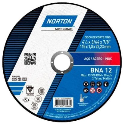 Imagem de DISCO DE CORTE  4.1/2" 115 X 1,0 X 22,23MM P/ ACO INOX  FURO 7/8" 2 TELAS LINHA BNA 12 FINO