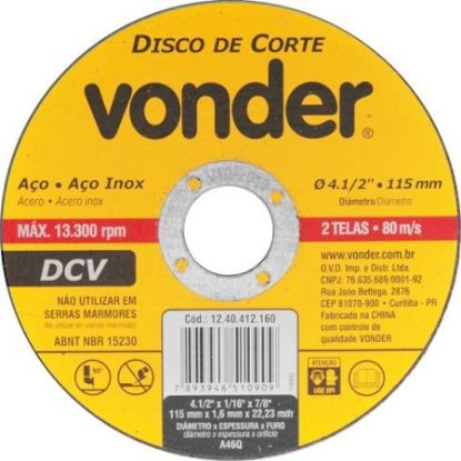 Imagem de DISCO DE CORTE   4 1/2" X 7/8" 115,0 X 1,6 X 22MM  P/ CORTE DE ACO INOX  C/ 2 TELAS LINHA DCV