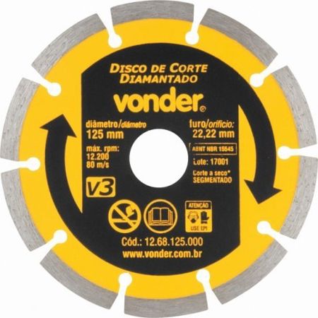 Imagem de DISCO DE CORTE DIAMANTADO   5" 125 X 22MM P/ CORTE DE MARMORE GRANITO TIJOLO E CONCRETO LINHA V3