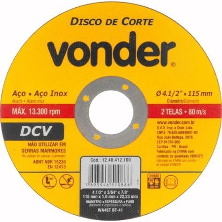 Imagem de DISCO DE CORTE   4 1/2" X 2" 115,0 X 1,0 X 22MM P/ CORTE DE ACO INOX C/ 2 TELAS LINHA DCV