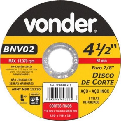 Imagem de DISCO DE CORTE   4 1/2" X 7/8" 115,0 X 1,6 X 22MM P/ CORTE DE ACO INOX  CORTES FINOS 2 TELAS LINHA BNV 02  