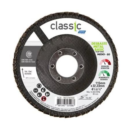 Imagem de DISCO FLAP  4 1/2" X 7/8" GRAO   40 P/ DESBASTE DE SOLDAS REBARBACAO E ELIMINACAO DE PONTOS DE CORROSAO  LINHA BASIC