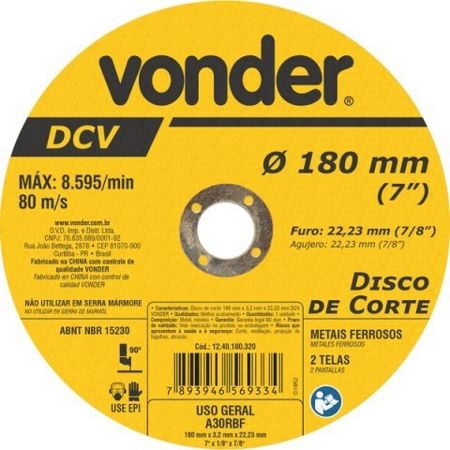 Imagem de DISCO DE CORTE   7" X 7/8" 180,0 X 3,2 X 22MM P/ FERRO DE 7" X 7/8" LINHA DCV USO GERAL 