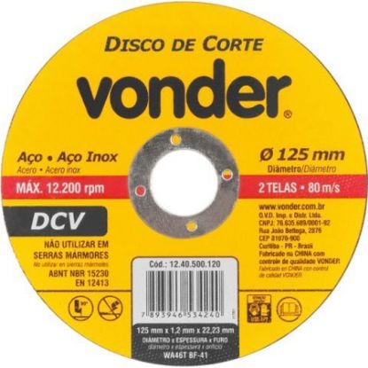 Imagem de DISCO DE CORTE   5" 125 X 1,2 X 22MMMM P/ CORTE DE ACO INOX 2 TELAS LINHA DCV   