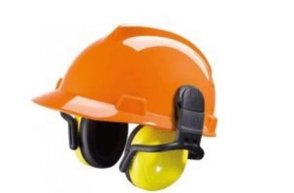 Imagem de KIT ABAFADOR TIPO CONCHA + CAPACETE ABA FRONTAL C/ JUGULAR AMARELOARELO C/ LOGO GERDAU